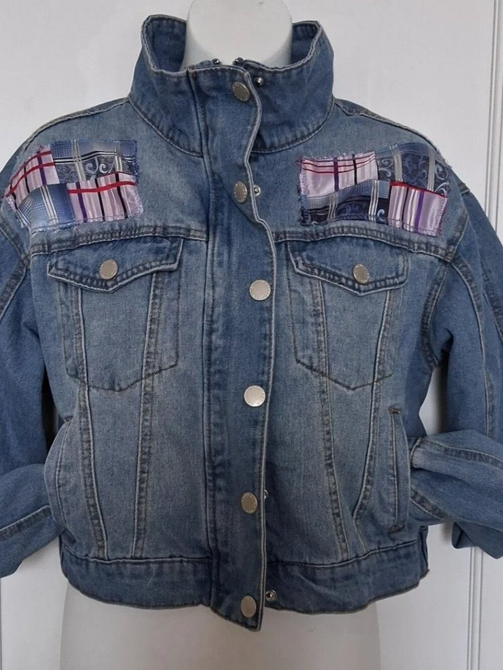 Cosono  Vera's Upcycled Light Blue Denim Jean Jacket w Plaid Patchwork Accents S